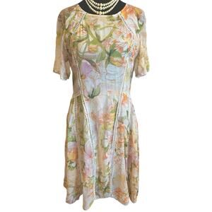 YUJA Floral Midi Dress Ladder Lace Pom Trim Large